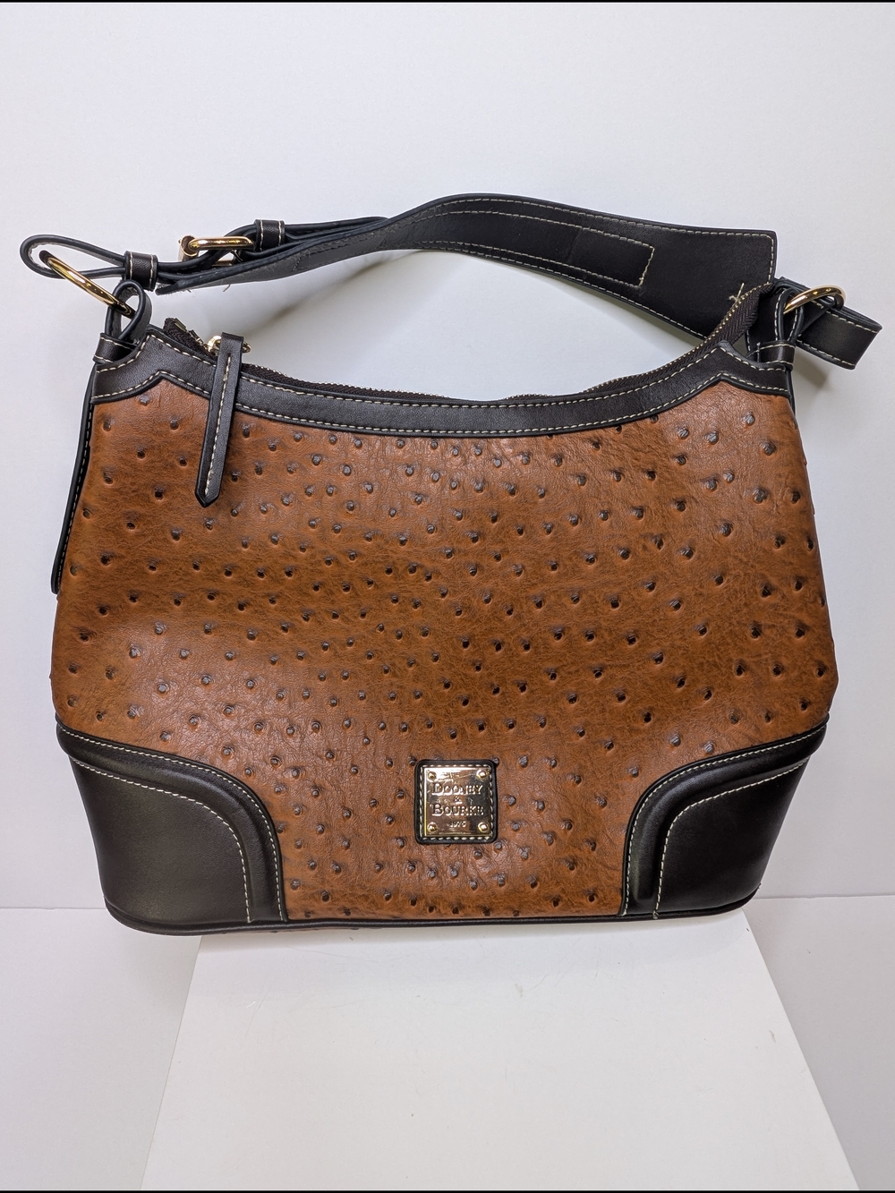 Dooney & Bourke Brown Ostrich-Embossed Leather Hobo Shoulder Bag Purse